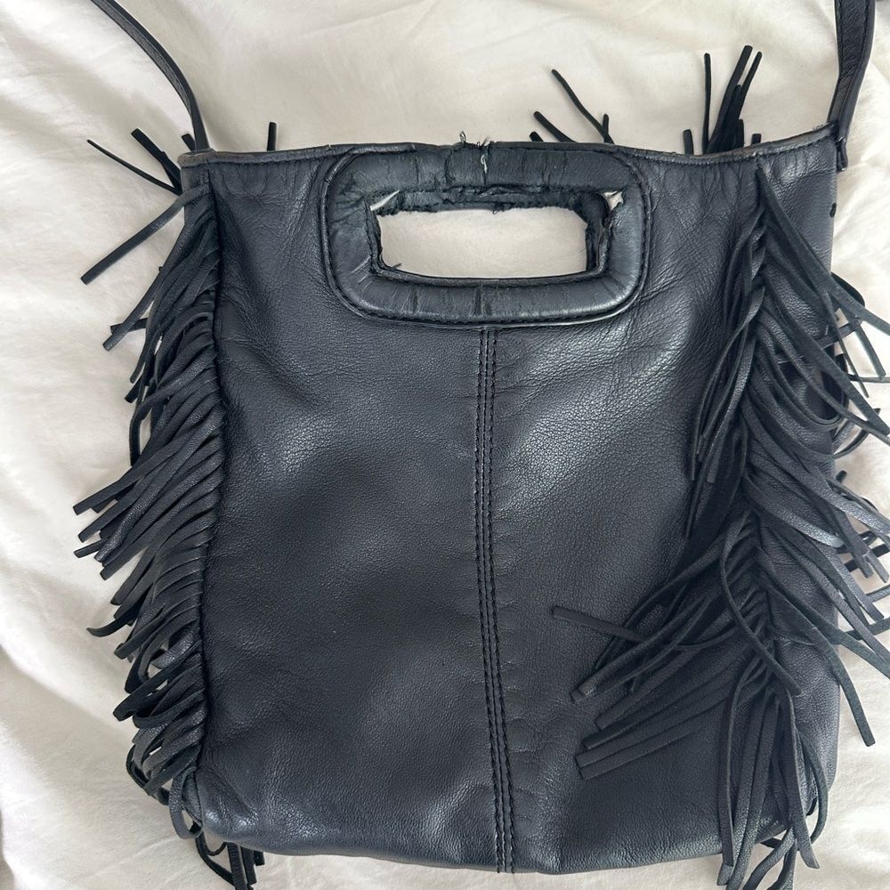 Maje Black Leather Shoulder Bag with Fringe
